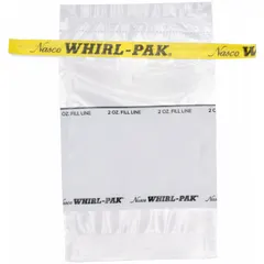 This sterile polyethylene bag has a 2 fl oz (58 mL) capacity and a clear Write-On surface for labeling. It is used for collecting, storing, and transporting liquid or semi-solid samples in laboratory, food processing, and environmental testing applications where contamination control and clear identification are required.