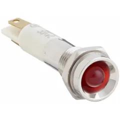Red LED pilot light with protruding head for high visibility from multiple angles. Features a 0.11 Male Quick Disconnect electrical connection. Designed for panel mounting in industrial control panels, machinery, and equipment to indicate equipment status.