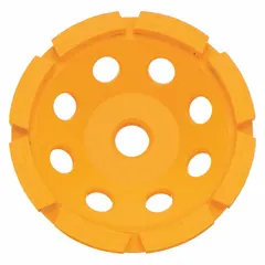 This 4-inch diameter single-row diamond segment cup grinding wheel features a 5/8"-11 arbor and 8 segments. It is designed for aggressive material removal on concrete, stone, and masonry surfaces, commonly used in surface preparation, concrete grinding, and masonry leveling applications.