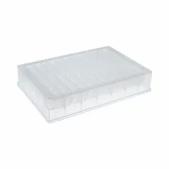 Non-sterile multiple well plate made of colorless polystyrene with 96 square wells. Each well has a diameter of 8.2 mm and a capacity of 1 mL. The plate is RNase/DNase free, suitable for molecular biology applications such as sample storage and assay preparation.