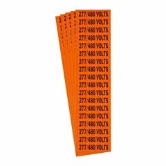 Self-stick vinyl markers for identifying voltage on conduit and electrical equipment. Legend reads '277/480 Volts' in Style C. Each marker measures 2 1/4 in wide by 1/2 in high. Supplied as a 5-pack.