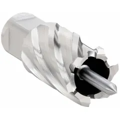 This high-speed steel annular cutter is designed for general cutting applications in metal, producing clean, accurate holes without pre-drilling. It features a 15/16 in cutter diameter, 1 in maximum cutting depth, bright finish, and includes a pilot pin. The Weldon Flat shank is compatible with magnetic drill presses for efficient slug removal in structural steel, fabrication, and construction work.