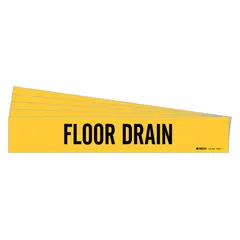 Yellow adhesive pipe marker with black 'Floor Drain' legend, suitable for pipe outer diameters from 2-1/2 to 7-7/8 inches. Pack of 5 markers without directional arrows. Used to identify floor drain piping in industrial and commercial facilities.