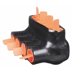 Aluminum multitap connector with four ports and single-sided entry for splicing or distributing conductors in dry-location electrical installations. Accepts wire sizes from 14 AWG to 4 AWG. Suitable for use in junction boxes, panelboards, and control cabinets.