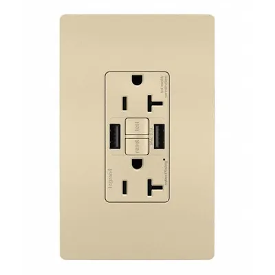 LEGRAND Receptacle: Duplex, 5-20R, 2 USB Ports, USB Type A, Ivory, 125V AC, 20 A - Weather-Resistant Receptacles with USB Chargers