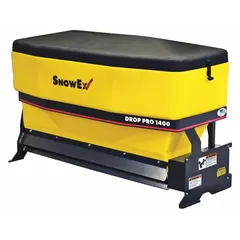 Drop-type tailgate spreader with 14 cu ft capacity, constructed from steel and poly materials. Vehicle battery-powered and hitch-mounted for tractor compatibility. Suitable for spreading de-icing materials on driveways, parking lots, and farm roads.