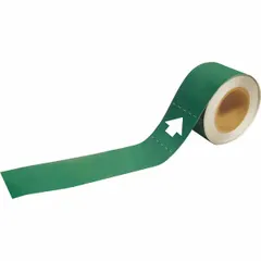 This pipe marker directional flow arrow is made of coiled plastic with a green background and green legend text. It measures 12 inches in width and 2 inches in length, supplied in a 12-inch roll width. The marker is non-reflective and designed for wrapping around pipes to indicate flow direction in industrial piping systems.