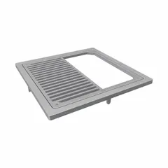 Square bronze grate with nickel-plated silver finish and slotted surface featuring 1/2 in openings. Designed as a replacement grate for floor sinks, allowing water drainage while preventing debris entry. Suitable for commercial and industrial drainage applications.