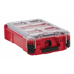 Red plastic tool case with dimensions 9 13/16 in W x 15 3/16 in D x 4 5/8 in H. No dividers included. Designed for modular stacking and transport of tools and accessories on job sites.