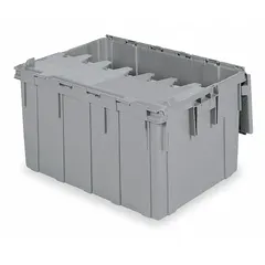 This BUCKHORN tote features a gray plastic body and lid with an attached two-piece lid design. It measures 28 in x 21 in x 15 1/2 in and is stacking capable, making it suitable for organizing and transporting parts, tools, or materials in industrial environments.