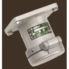 This reverse service watertight receptacle is rated for 60 A, three-phase, 4-pole operation at 250V DC/600V AC. It is designed for industrial environments requiring a sealed connection against moisture and dust. Typical applications include power distribution in factories, processing plants, and outdoor installations.