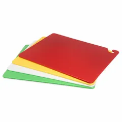 This yellow co-polymer cutting board measures 18 inches wide by 24 inches long and is part of a green/red/white/yellow set. It is NSF certified for sanitation in commercial food preparation environments. The board is designed for use in kitchens where color-coded surfaces help reduce cross-contamination.