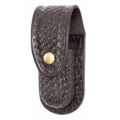 Black basket weave leather holster with snap closure for carrying pepper spray. Designed for security and personal defense applications where quick access to defensive spray is required.