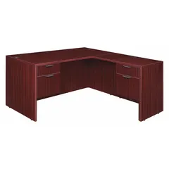 This L-shaped office desk from LEGACY features a mahogany melamine desktop and frame, with an overall width of 71 inches. It includes two pedestals and two drawers for storage, plus a modesty panel. Suitable for corner workstation layouts in professional environments.