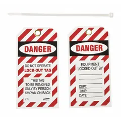 Polyester danger tag with 'Danger Do Not Operate' legend. Includes pre-printed fields for date, department, equipment locked out by, and time. Used to communicate lockout/tagout hazards on industrial equipment during maintenance or servicing.