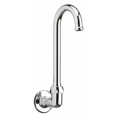 Brass gooseneck spout with polished chrome finish and swivel design. Includes mounting hardware. Provides laminar flow. Suitable for commercial faucet systems in kitchens, labs, or wash stations.