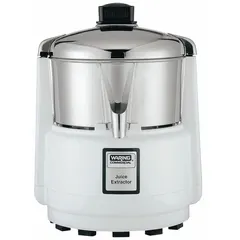 Single-speed juice extractor with a 3/4 hp motor delivering 580 W and a maximum speed of 600 RPM. Designed for continuous operation in commercial kitchens, bars, and cafeterias, it efficiently processes whole fruits and vegetables. White finish, operates on 120V AC.