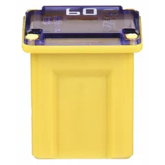 Yellow female cartridge time-delay fuse rated 60 A at 32 V DC. Part of the FMX series, equivalent to FMX and JCAS series. Used in automotive electrical systems for overload and short-circuit protection.