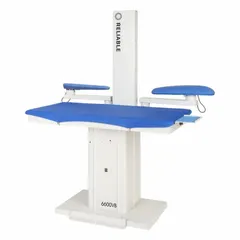 Vacuum pressing table available in 25 in and 35 in sizes. Operates on 110V input voltage with 20 A input current. Pressing surface cover is cotton/polyester. Used for industrial pressing applications such as fusing interlinings and laminating fabrics.