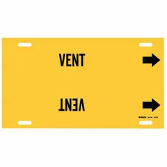 Yellow pipe marker with black 'Vent' legend and directional arrows. Fits pipe outer diameters from 6 to 7-7/8 inches. Used to identify vent lines in industrial piping systems for clear visibility and operational safety.