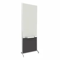 This freestanding room divider features a single opaque charcoal gray fabric panel with an anodized aluminum frame. It meets NIJ Level III-A ballistic standards for use in environments requiring threat mitigation without permanent construction. Overall height is 76 inches, width is 26 1/2 inches