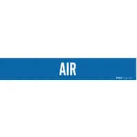 Blue adhesive pipe marker with white 'Air' legend, designed for pipe outer diameters from 2-1/2 to 7-7/8 inches. Supplied without arrows, each unit contains one marker for identifying compressed air lines in industrial piping systems