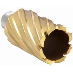 This annular cutter is made of high-speed steel with a TiN coating for general cutting of metal. It has a 1-1/4 in cutter diameter and a 2 in max cutting depth, with a Weldon Flat shank for secure mounting. Suitable for creating holes in structural steel, plate, and pipe in construction and fabrication applications.