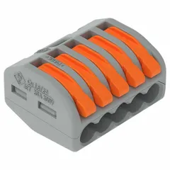 This 5-port lever wire connector from the 222 Series accepts 28 AWG to 12 AWG solid copper wire. Rated 20 A and 600 V, it uses a lever-operated clamping mechanism for tool-free wiring. Suitable for junction boxes, lighting fixtures, and control panels.