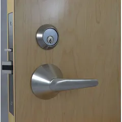 Electric lever lockset in satin stainless steel finish. ADA compliant and ligature-resistant. Features a Small Format Interchangeable Core (SFIC) and LSL lever style. Suitable for institutional applications requiring secure access control.