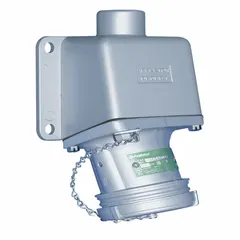 Watertight pin and sleeve receptacle rated for 30 A, single phase, 250V DC/600V AC with 3 poles. Gray enclosure provides sealed protection for electrical connections in industrial environments exposed to moisture, dust, and debris.