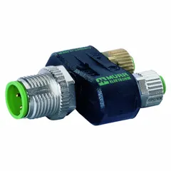 M12 male straight, 3-pole to (2) M8 female straight, 3-pole T-style coupler. Rated IP65 for dust and water ingress protection. Used to split a single M12 connection into two M8 ports for signal or power distribution in sensor networks and automation systems.