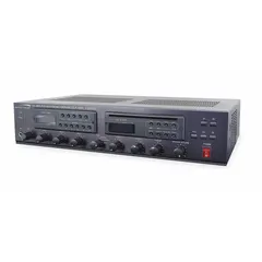This audio amplifier from Speco Technologies features an FM Antenna (BNC) input style and RCA output style. It includes a power supply and supports up to four inputs: XLR, AM Antenna (Press Terminal), FM Antenna (BNC), RCA, and TEL. Suitable for use in commercial audio systems such as paging, background music, or multi-zone installations.