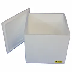 This insulated shipping container consists of a corrugated cardboard outer box and a white Styrofoam insert with 0.75 in wall thickness. It is used for passive thermal protection of temperature-sensitive items during transport.