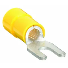 These insulated fork terminals feature a yellow vinyl insulation and a standard fork shape for #6 studs. They accept 12 AWG to 10 AWG wire and are rated for 600 V. The funnel-entry barrel simplifies wire insertion. Typical applications include terminating wires in control panels, machinery, and power distribution systems where quick connect and disconnect is needed.