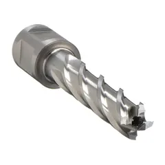 This annular cutter is made of bright high-speed steel with a 2 1/2 in diameter and 2 in maximum cutting depth. It features a Weldon Flat shank for secure mounting in magnetic drill presses. Suitable for general cutting applications in metal fabrication and structural steel work.