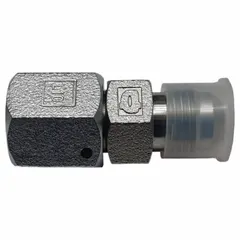 This steel hydraulic hose adapter connects metric DIN female threads to JIC male threads. It features a swivel, straight configuration with a 1-1/4 in x L35 fitting size. Suitable for fluid power connections in hydraulic systems.