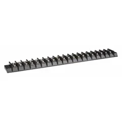 Surface mount barrier strip with 20 poles for wire sizes 22 AWG to 14 AWG. Rated for 15 A maximum current. No cover included. Used for organizing and terminating multiple wire connections in control panels, junction boxes, and electrical equipment.