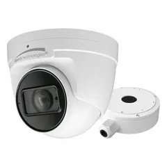 4MP varifocal network IP turret camera with 1/3 CMOS image sensor. Features a 12 mm max focal length and 112° max viewing angle. Connects via RJ45 for Power over Ethernet. Suitable for indoor or outdoor video surveillance in areas such as warehouses, retail spaces, or building perimeters.