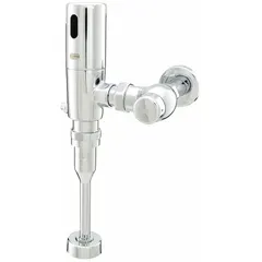 Battery-operated urinal automatic flush valve with top spud location. Delivers 0.5 gallons per flush. Rough-in of 11 1/2 inches. Suitable for commercial restroom urinal applications requiring touch-free operation.