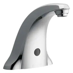Centerset faucet with cast metal construction and polished chrome finish. Includes a 6-volt lithium CRP2 battery for touch-free operation. Suitable for commercial restrooms and public spaces requiring automatic handwashing.