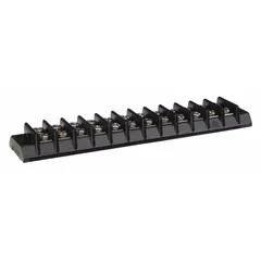 This 12-pole surface mount barrier strip accepts wire sizes from 22 AWG to 12 AWG and is rated for a maximum current of 20 A. It is used for organizing and terminating multiple wire connections in control panels, junction boxes, and electrical equipment. No cover is included.
