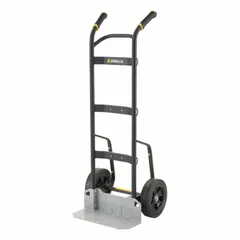 The GORILLA GHH-10 is a general purpose hand truck with a 1,000 lb capacity. It features a dual-handle design, a black steel frame, and flat-free rubber tires. Suitable for moving loads in warehouses, factories, and distribution centers.