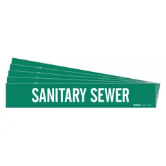 Green adhesive pipe marker with white legend reading 'Sanitary Sewer'. Fits pipe outer diameters from 2-1/2 to 7-7/8 inches. Pack of 5 markers without directional arrows. Used for identifying sanitary sewer lines in industrial piping systems.