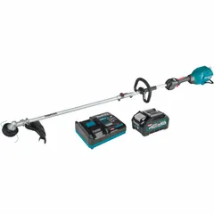 This battery-powered string trimmer features a straight shaft with a 35-inch length and a 30 cc motor. It is designed for cordless operation, cutting grass and weeds along fences, walls, and garden beds. The kit includes a 4.0 Ah battery for mobility without cords or fuel.