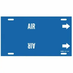 Blue pipe marker with white legend reading 'Air' and directional arrows. Fits pipe outer diameters from 6 to 7-7/8 inches. Used to identify air piping systems in industrial facilities.
