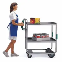 Open stainless steel utility cart with two shelves and a 46-3/4 in overall height. Features (2) fixed casters and a silver finish. NSF certified for use in food service and sanitary environments. Max load capacity 1,000 lb