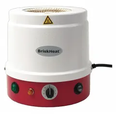 Metal-housed heating mantle for 250 mL round flasks. Plastic mantle material. Maximum temperature 450°C, maximum wattage 165 W. Controller included. Used for uniform heating in chemical synthesis, distillation, and reflux applications.
