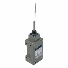 Metallic-bodied limit switch with aluminum construction, screw clamp terminals, and two mounting holes. The spring wire-extension wobble-stick actuator enables omnidirectional actuation for position detection in industrial machinery, conveyors, and processing equipment.