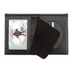 Black leather badge holder measuring 2-3/4 in x 2-5/8 in. Designed to hold and display ID badges, access cards, or security credentials. Commonly used in industrial facilities, offices, and plants for personnel identification and access control.