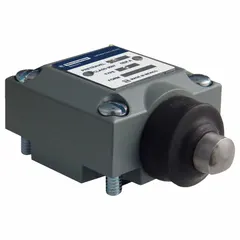 Plunger-type limit switch head with side actuator location for momentary contact actuation. Compatible with TELEMECANIQUE SENSORS 9007C series limit switches. Used in industrial automation to detect presence or position of moving parts in applications such as conveyor systems, packaging machinery, and material handling equipment.